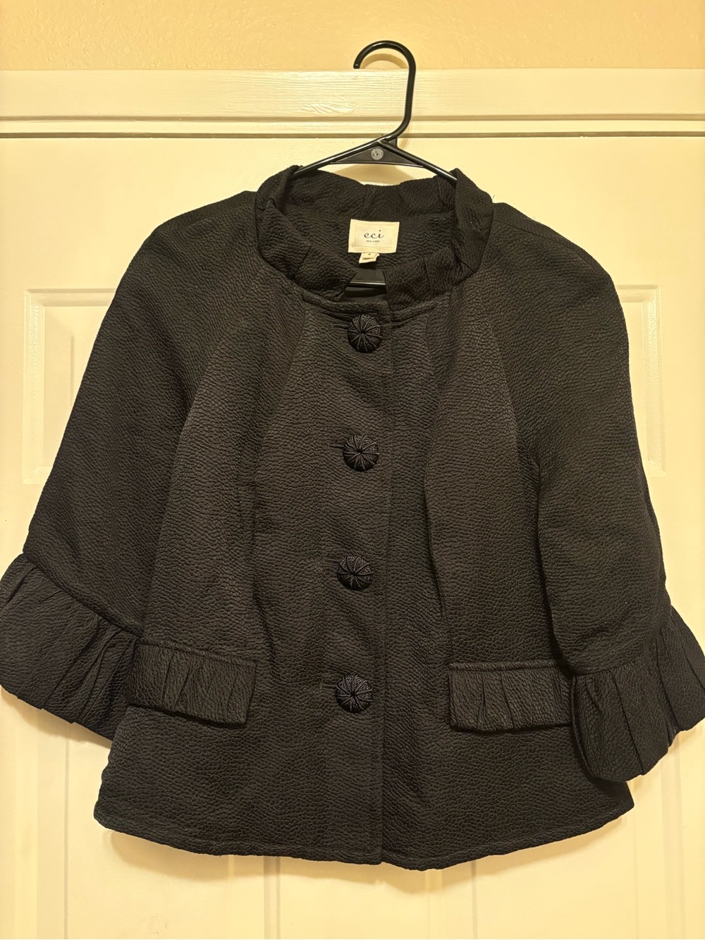 ECI Black Textured Short Blazer with Decorative Buttons